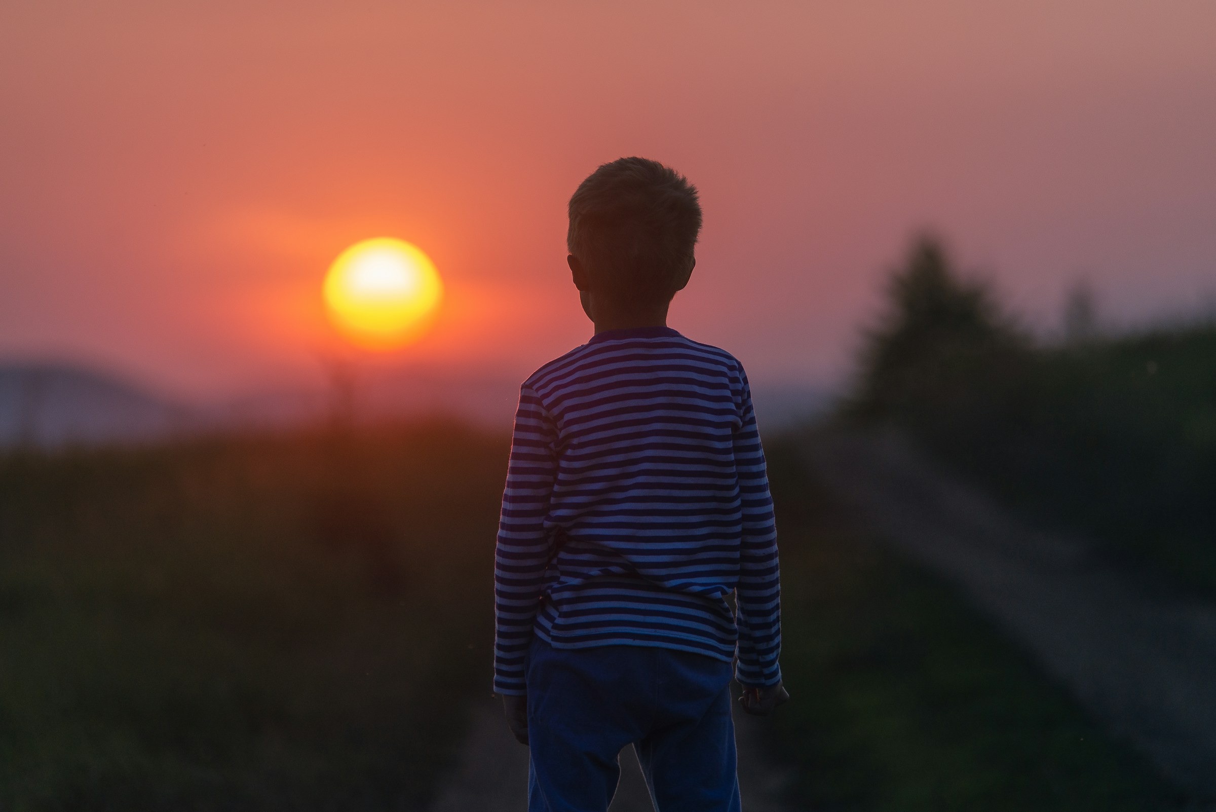 A boy watching the sun rise over open fields
